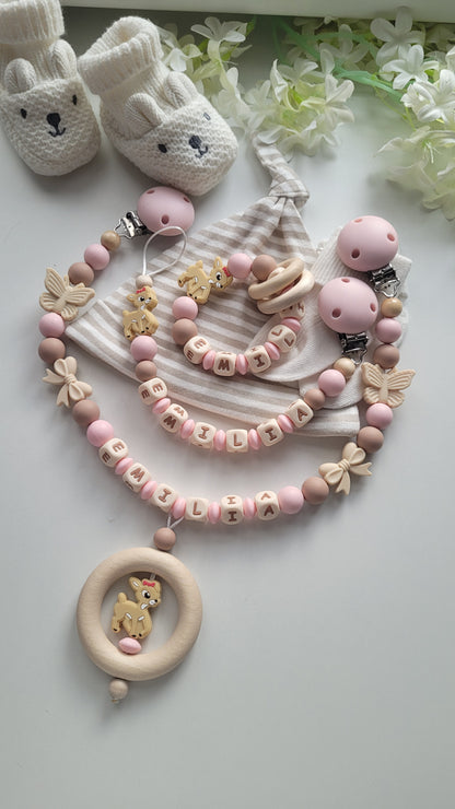 3er Set Schnullerkette Kinderwagenkette & Beissring mit Namen Reh & Schmetterlinge rosa taupe