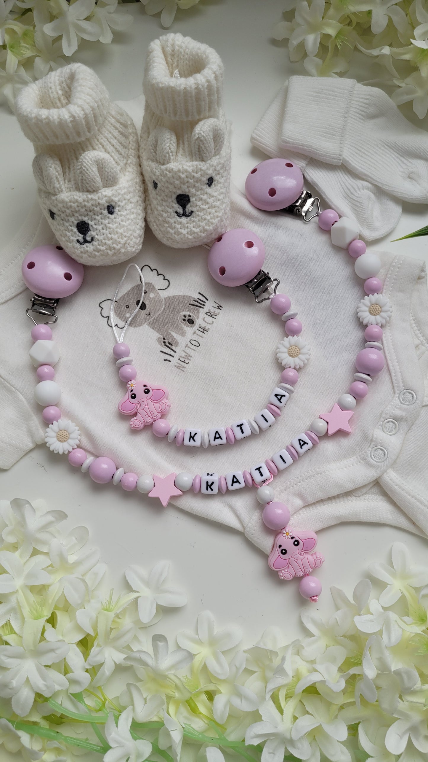 Kinderwagenkette & Schnullerkette für Mädchen rosa weiss Set Elefant Töröö...