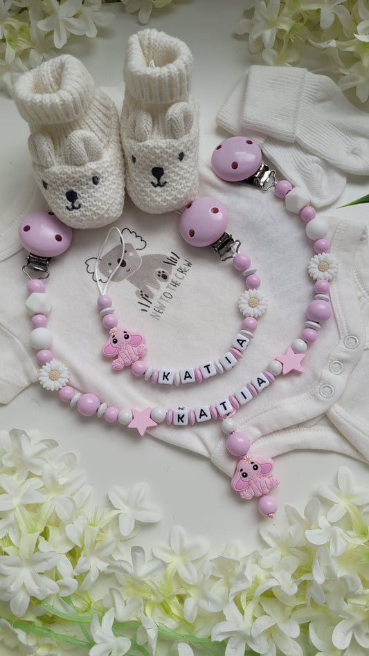 Kinderwagenkette & Schnullerkette für Mädchen rosa weiss Set Elefant Töröö...