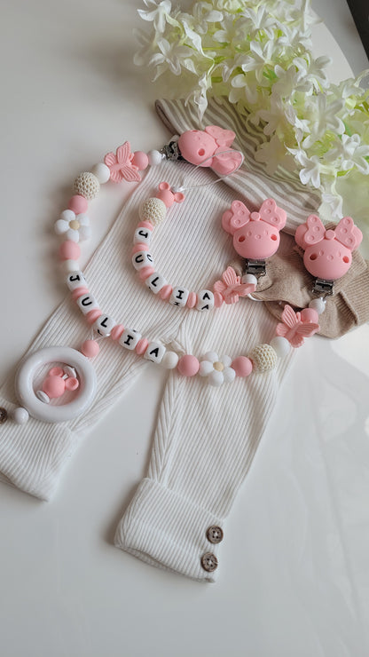 Kinderwagenkette & Schnullerkette mit Namen Schmetterling Maus & Blume rosa