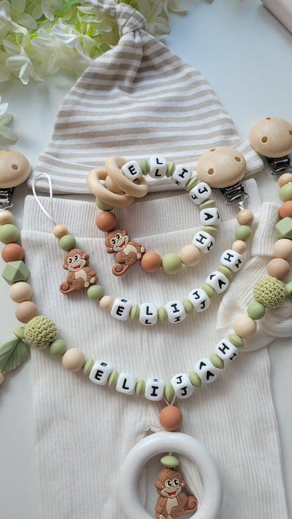3tlg Set Schnullerkette Kinderwagenkette Greifring mit Namen | Affen | Beige Grün