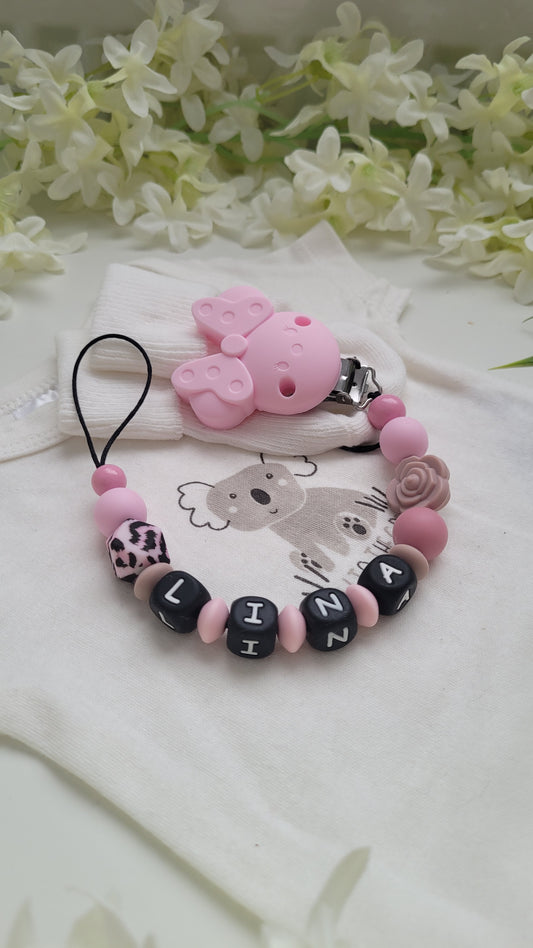 Schnullerkette mit Namen für Mädchen rosa leo