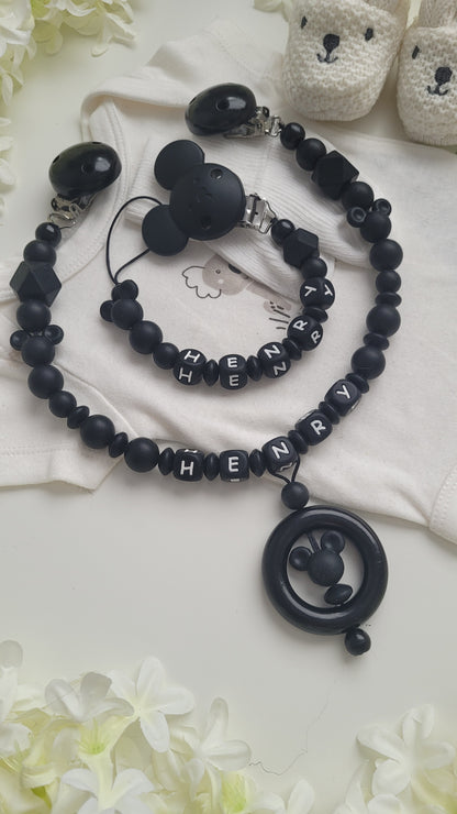 Kinderwagenkette & Schnullerkette mit Namen (Silikon) Maus Black Spielring