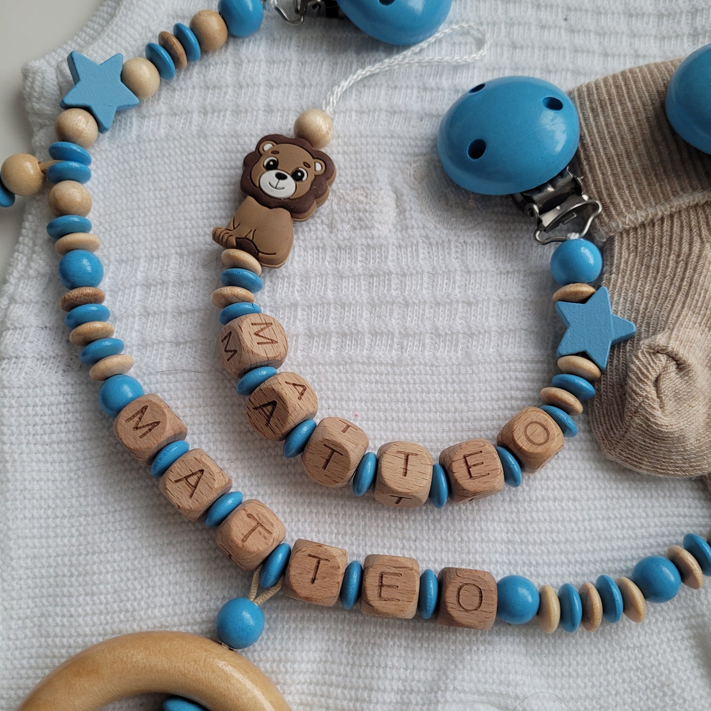 Kinderwagenkette & Schnullerkette Set Baby Löwe Teddy  blau