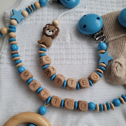 Kinderwagenkette & Schnullerkette Set Baby Löwe Teddy  blau