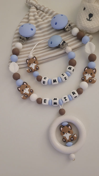 Kinderwagenkette & Schnullerkette Set Fuchs  für Jungen braun blau weiss
