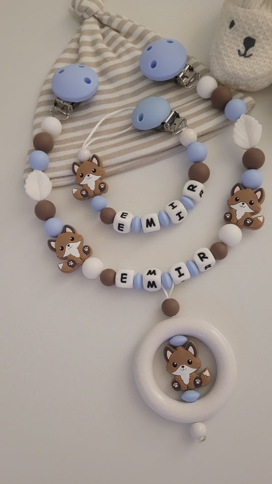 Kinderwagenkette & Schnullerkette Set Fuchs  für Jungen braun blau weiss