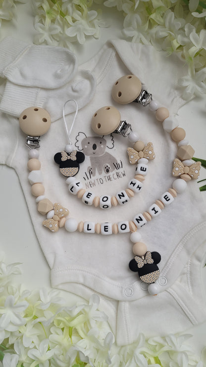 4 tlg Set Schnullerkette Kinderwagenkette Greifling & Schlüsselanhänger personalisiert Minnie beige