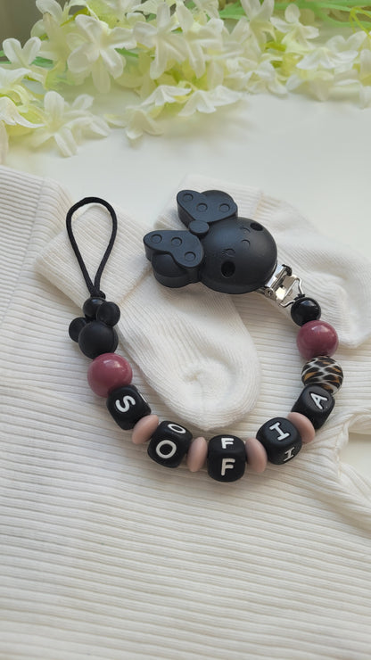 Kinderwagenkette & Schnullerkette mit Namen für Mädchen Minniemaus schwarz graurose