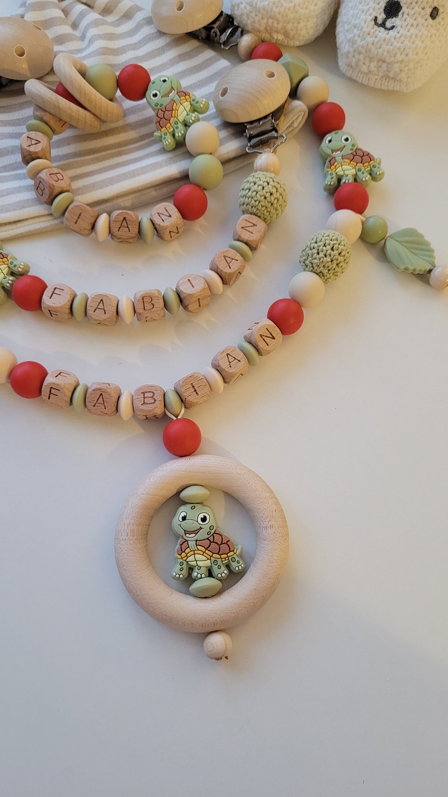Schnullerkette Kinderwagenkette & Beissring mit Namen Schildkröte beige rost grün