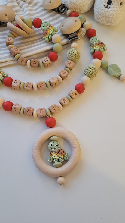 Schnullerkette Kinderwagenkette & Beissring mit Namen Schildkröte beige rost grün