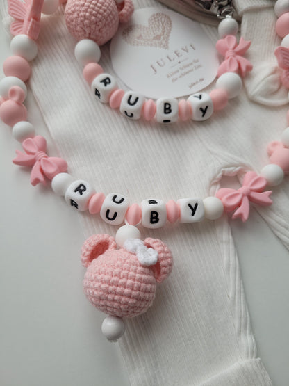 Kinderwagenkette & Schnullerkette Set mit Namen Schleifen Mäuse apricot weiß Silikon | personalisiert