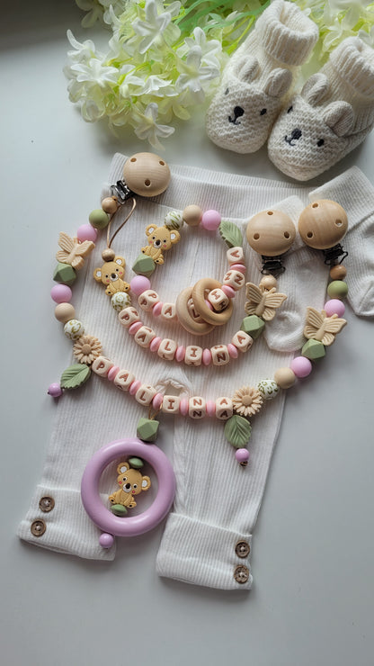 3tlg. Set Schnullerkette Kinderwagenkette & Spielring mit Namen Koala & Schmetterling rosa grün leo