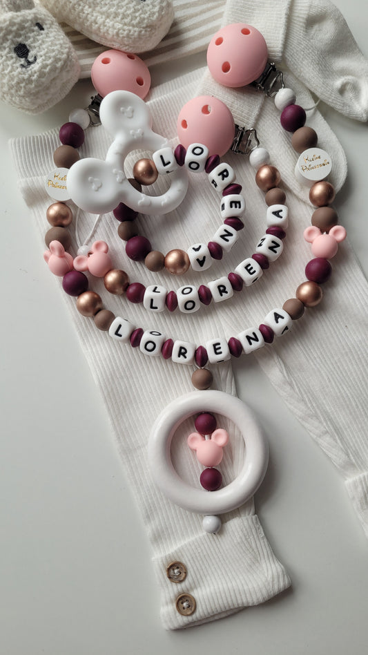 3er Set Kinderwagenkette & Schnullerkette mit Namen + Greifring für Mädchen Maus