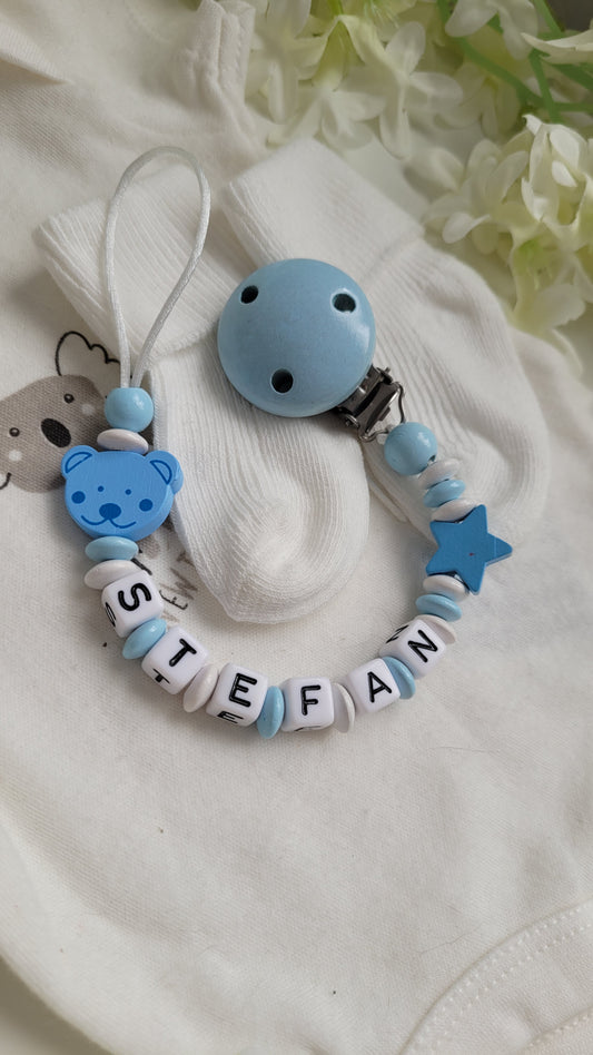 Schnullerkette mit Namen für Jungen Bärly hellblau
