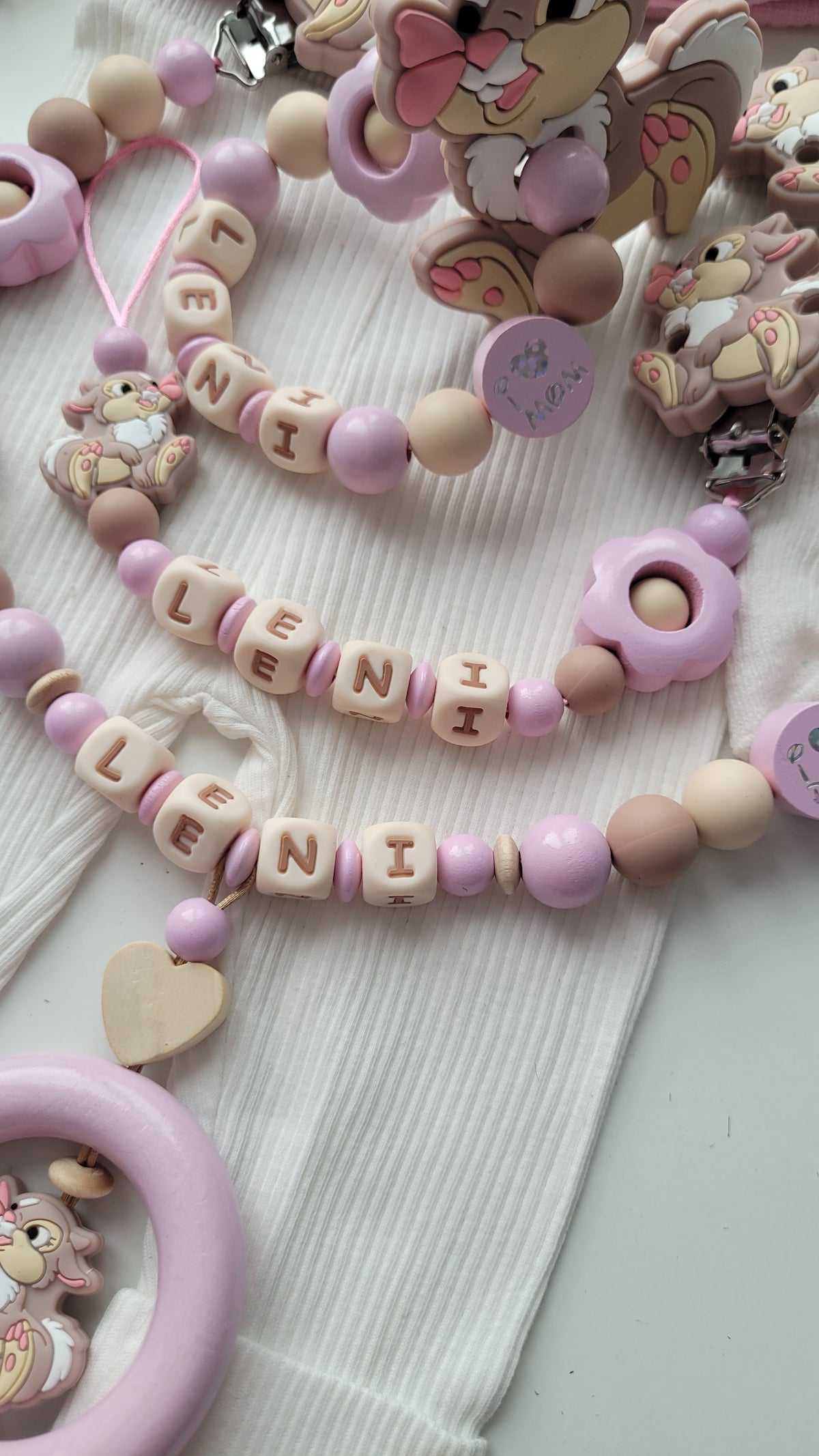 3tlg Set Schnullerkette Kinderwagenkette Beissring Hase & Blumen rosa taupe