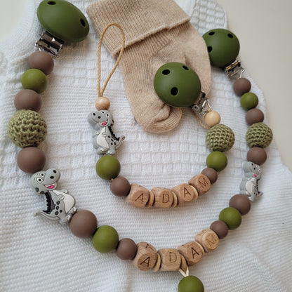 Kinderwagenkette & Schnullerkette mit Namen Dino grün holz braun