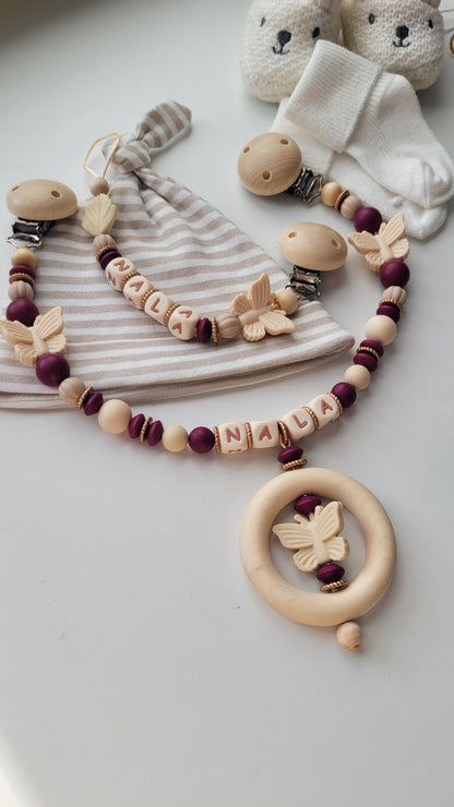 Kinderwagenkette & Schnullerkette mit Namen Schmetterling & Blatt bordaux beige braun