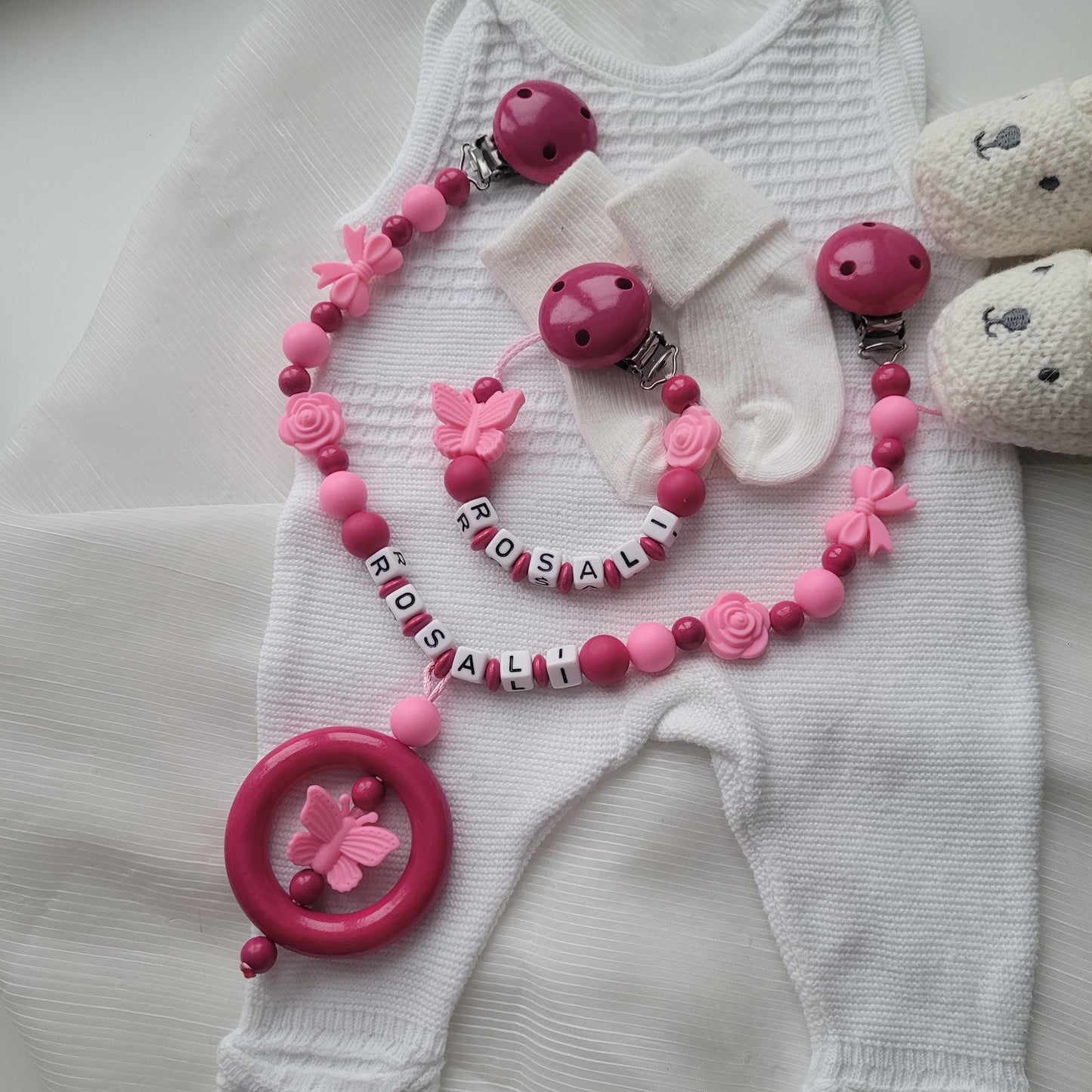 Kinderwagenkette & Schnullerkette Set Rosen & Schmetterlinge