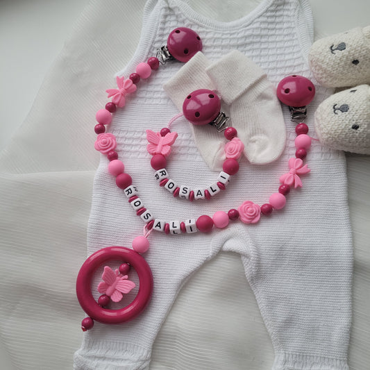 Kinderwagenkette & Schnullerkette Set Rosen & Schmetterlinge