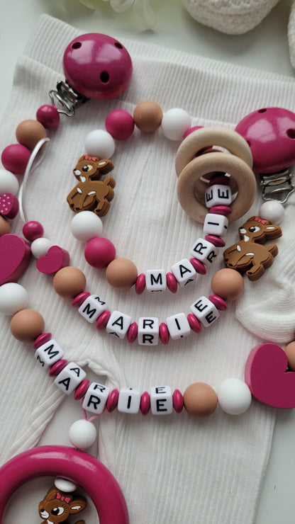 3er Set Schnullerkette Kinderwagenkette & Greifring mit Namen Rehe & Herzen