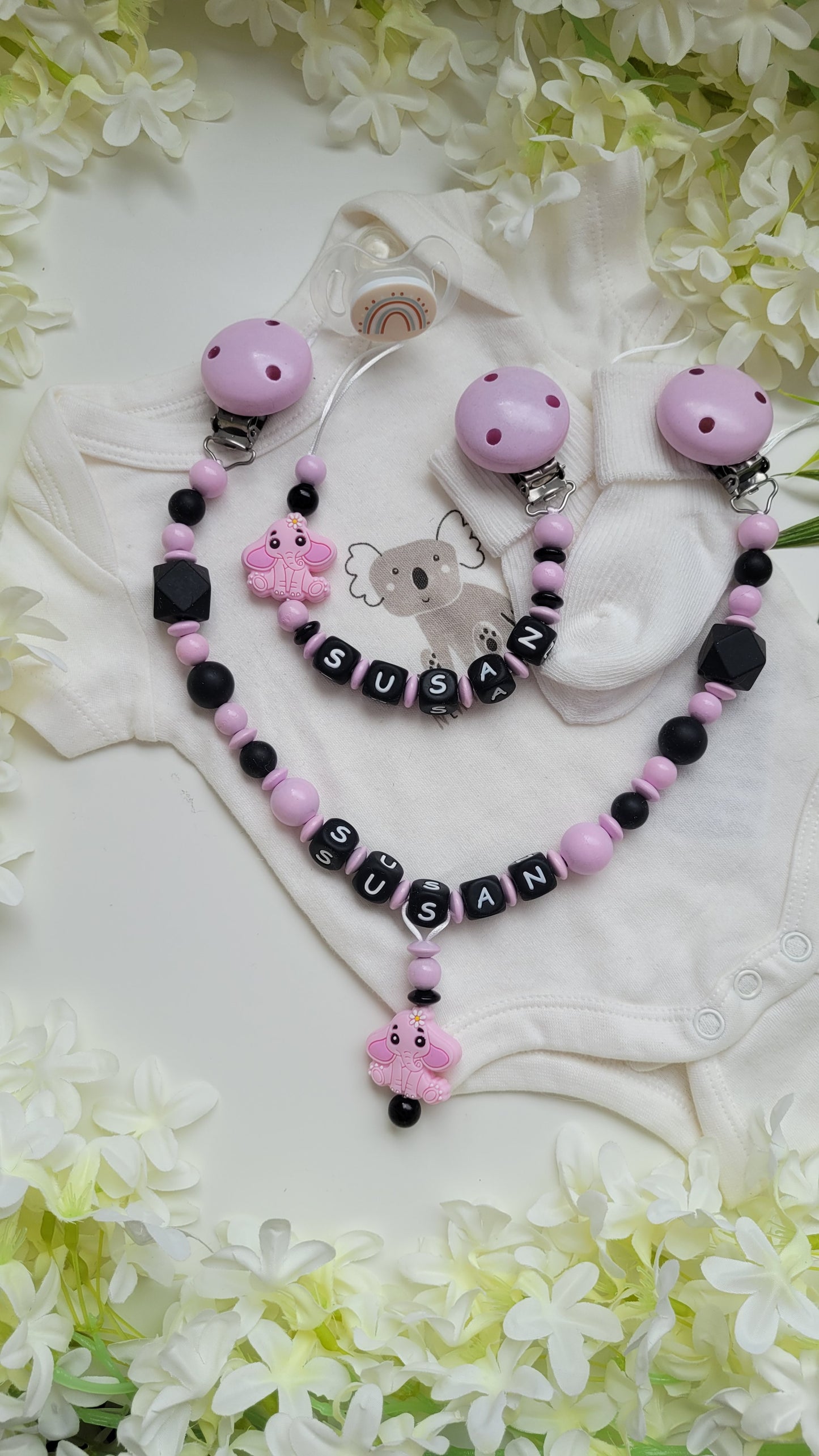 Kinderwagenkette & Schnullerkette *Elefant* rosa