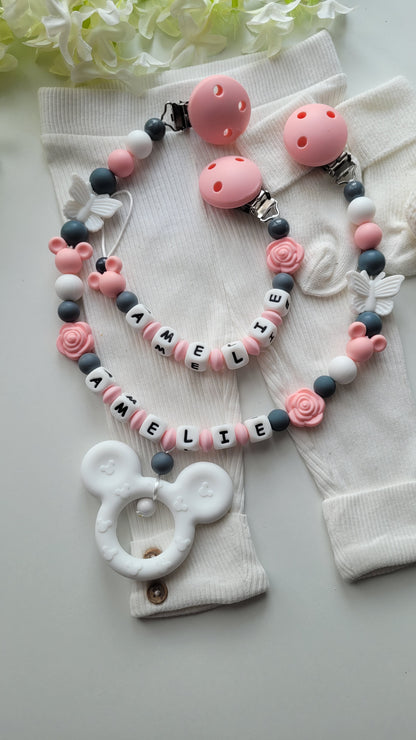 Kinderwagenkette & Schnullerkette Maus apricot grau