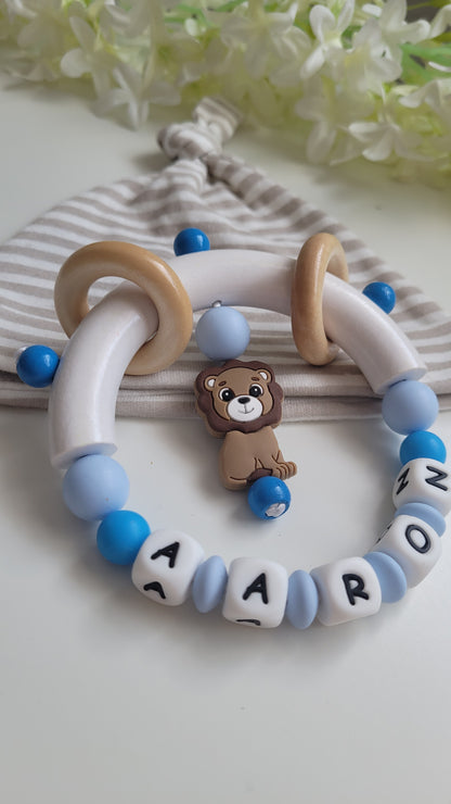 3tlg.Set Schnullerkette Kinderwagenkette & Greifring mit Namen Löwe blau