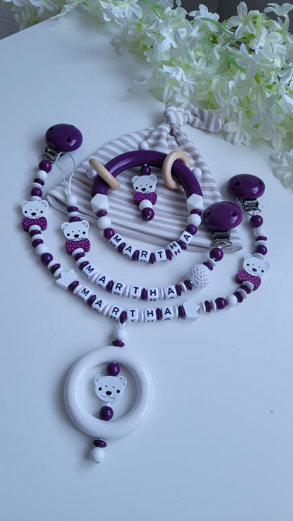 3tlg.Set Schnullerkette Kinderwagenkette & Greifring mit Namen Bärchen pflaume