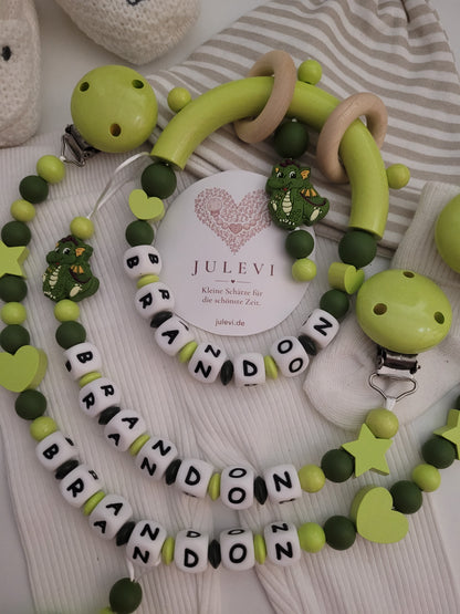 3er Set Schnullerkette, Kinderwagenkette & Beißring mit Namen Drache dunkelgrün hellgrün