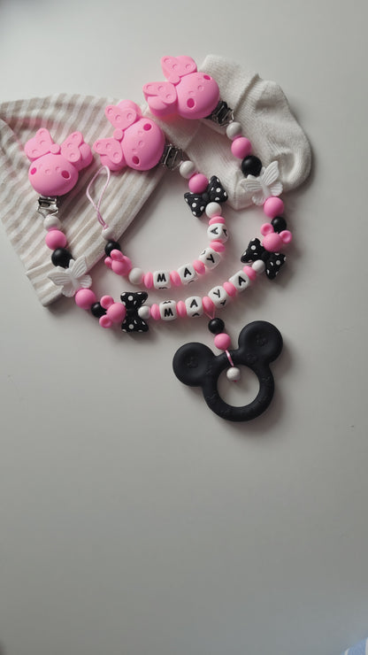 Kinderwagenkette & Schnullerkette mit Namen für Mädchen Maus & Schmetterling pink schwarz