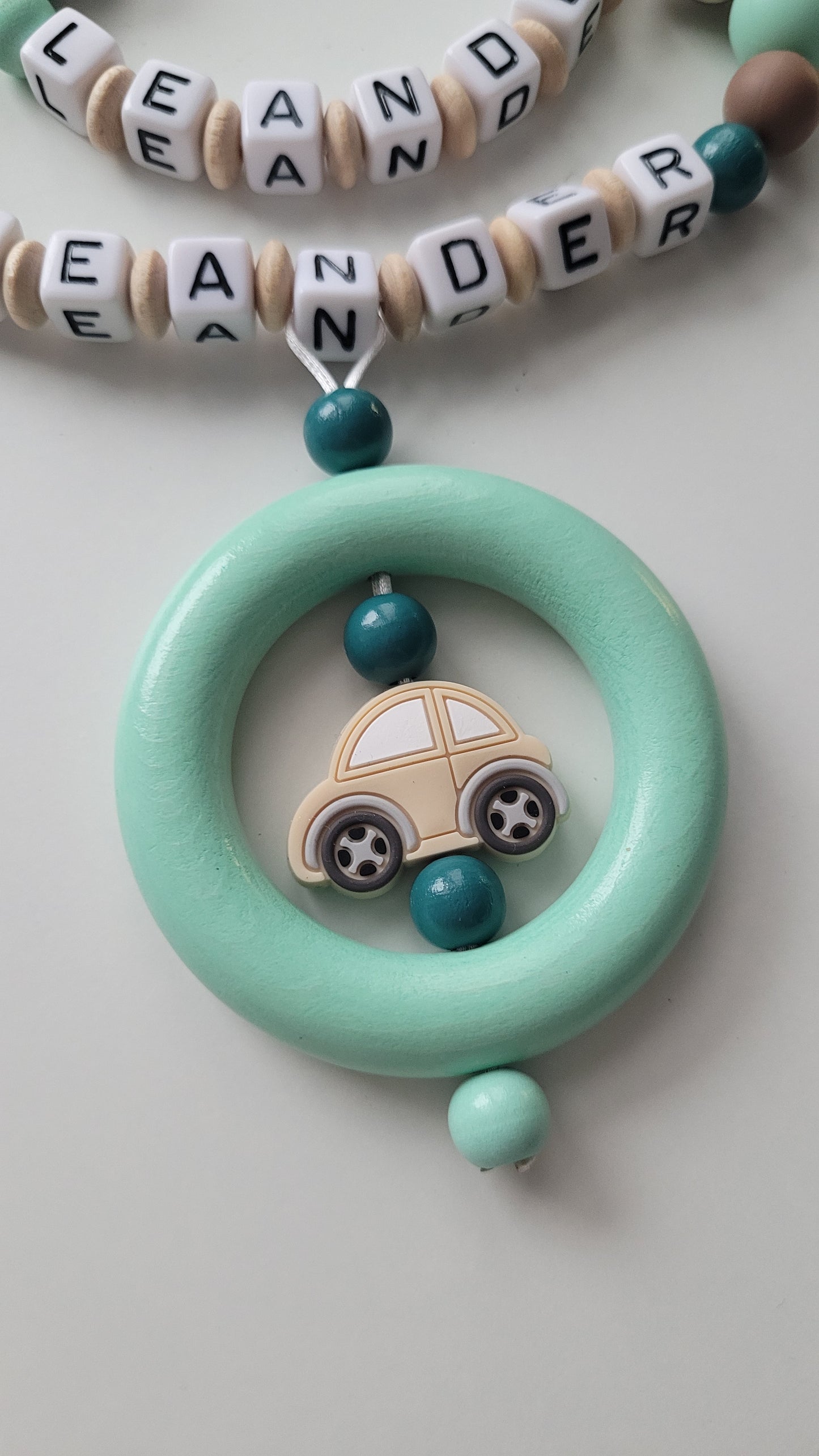 Kinderwagenkette & Schnullerkette Set mit Namen | Auto | Mint · Petrol · Weiß