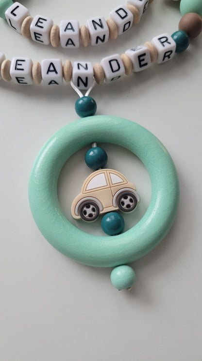 Kinderwagenkette & Schnullerkette Set mit Namen | Auto | Mint · Petrol · Weiß