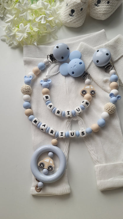 Kinderwagenkette & Schnullerkette mit Namen Auto & Maus