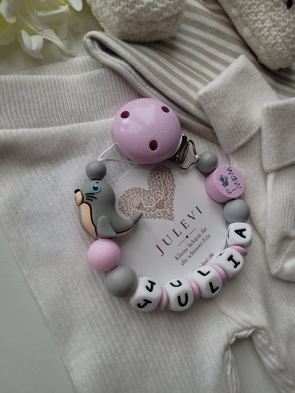 Schnullerkette mit Namen für Mädchen Robbe Silikon grau I love mom and dad rosa grau