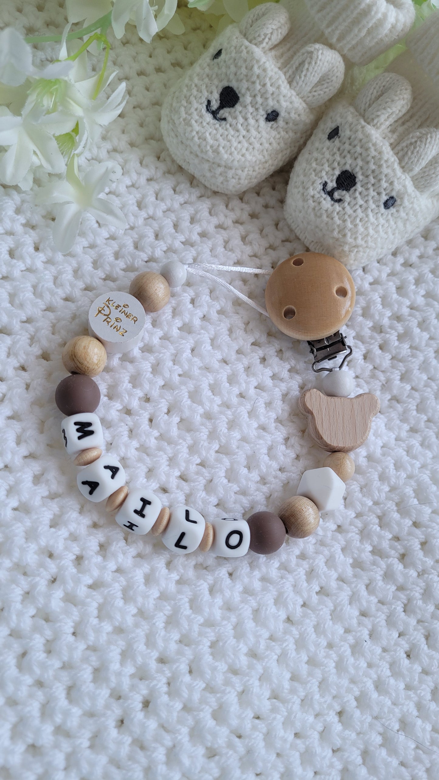 Kinderwagenkette & Schnullerkette Set Baby Teddy für Jungen braun weiss holz