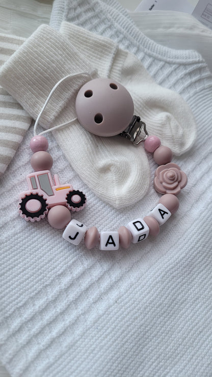 Schnullerkette mit Namen für Mädchen Traktor & Blume  graurose