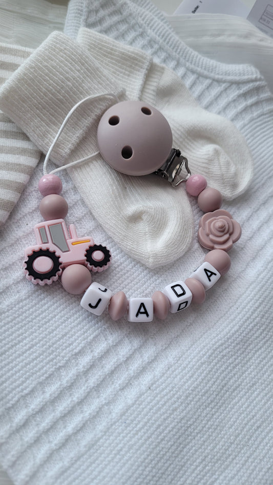 Schnullerkette mit Namen für Mädchen Traktor & Blume  graurose