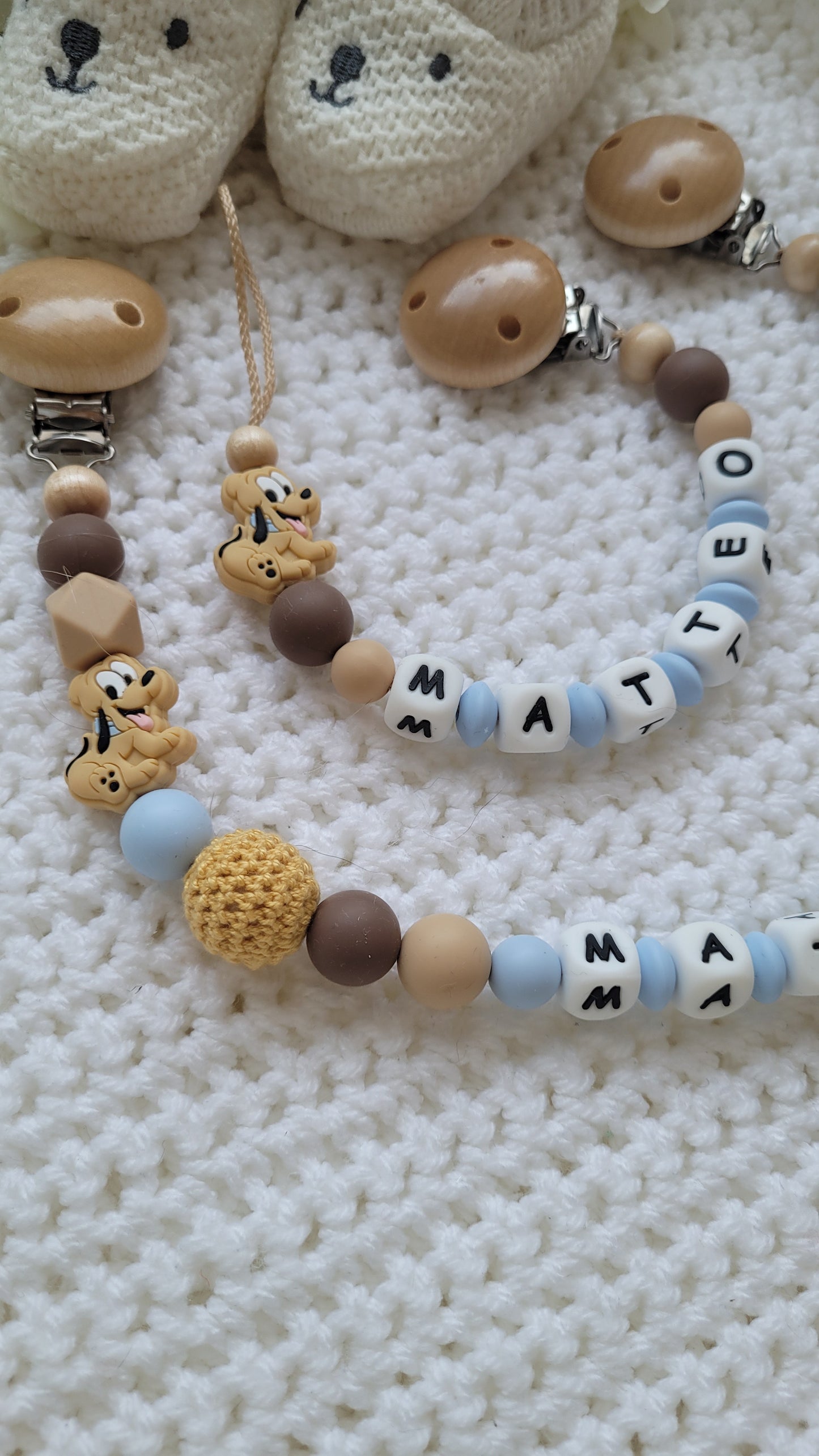 Kinderwagenkette & Schnullerkette Set Baby Hunde für Jungen braun beige blau