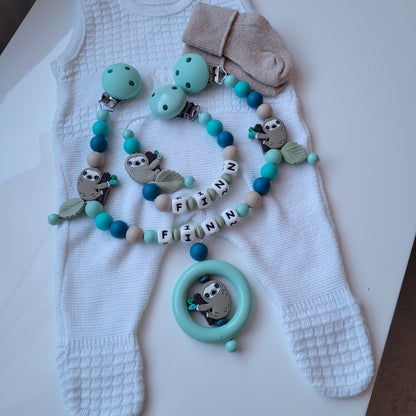Kinderwagenkette & Schnullerkette mit Namen Faultier mint türkis