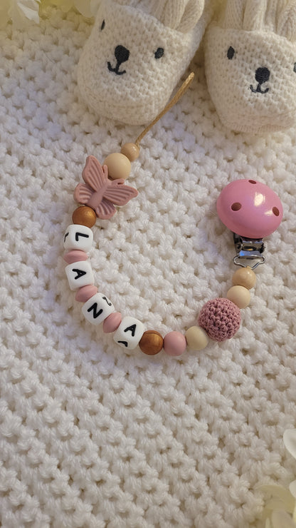 Schnullerkette mit Namen für Mädchen Schmetterling Beige rose
