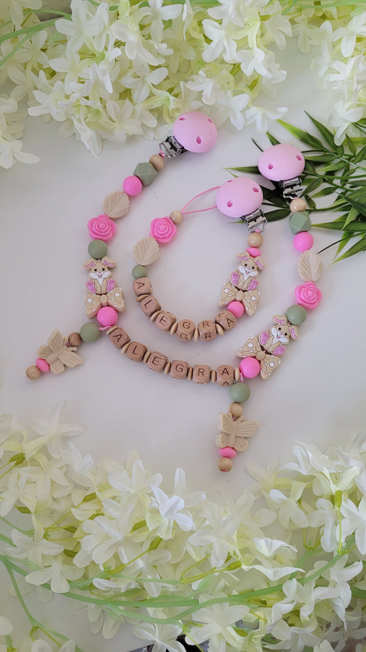 Kinderwagenkette & Schnullerkette *Häschen* pink grün