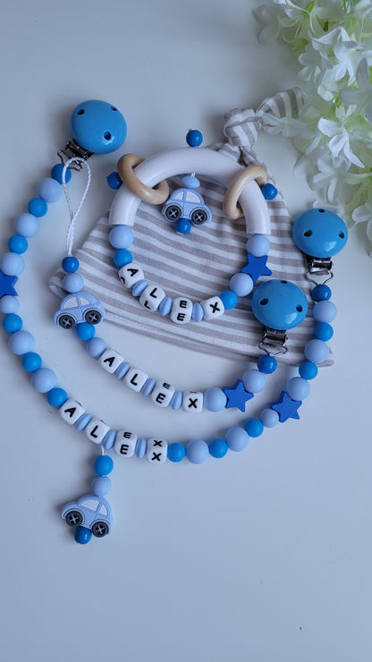 3tlg.Set Schnullerkette Kinderwagenkette & Greifring mit Namen Auto blau