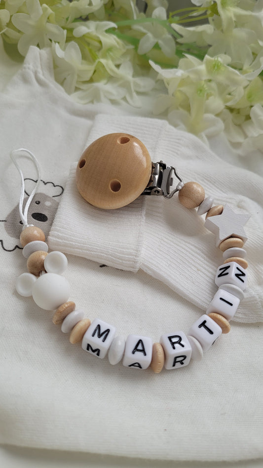 Schnullerkette mit Namen für Jungen  Maus  holz weiss