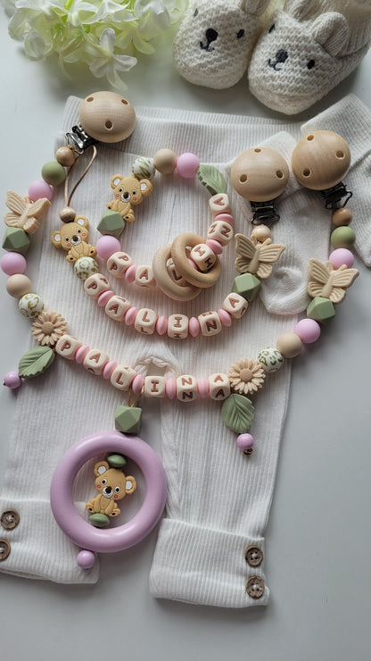 3tlg. Set Schnullerkette Kinderwagenkette & Spielring mit Namen Koala & Schmetterling rosa grün leo