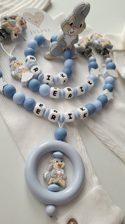 3tlg Set Schnullerkette Kinderwagenkette Beissring mit Namen Hase Wolken Sterne blau | personalisiert