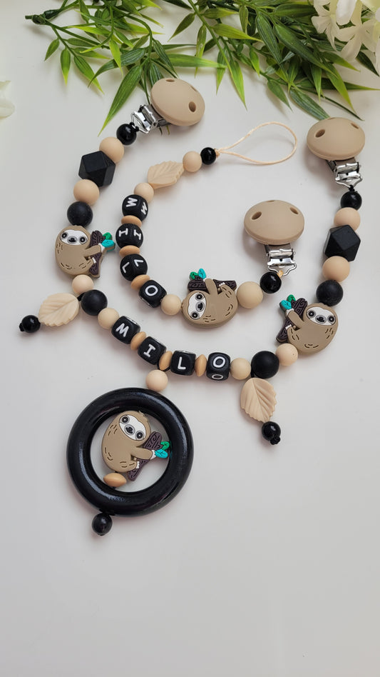 Set Schnullerkette Kinderwagenkette schwarz beige Silikonperlen mit Namen Faultier 