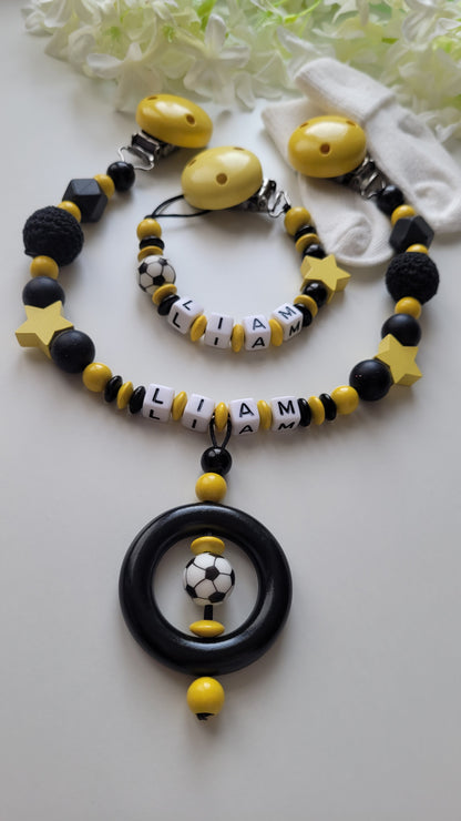 Kinderwagenkette & Schnullerkette  Fussball schwarz gelb
