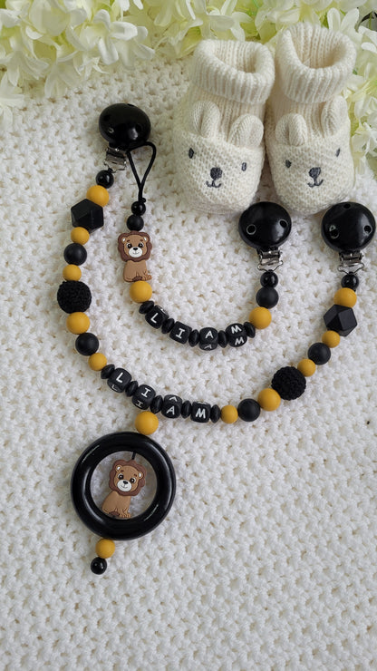 Kinderwagenkette & Schnullerkette Set Baby Löwe für Jungen
