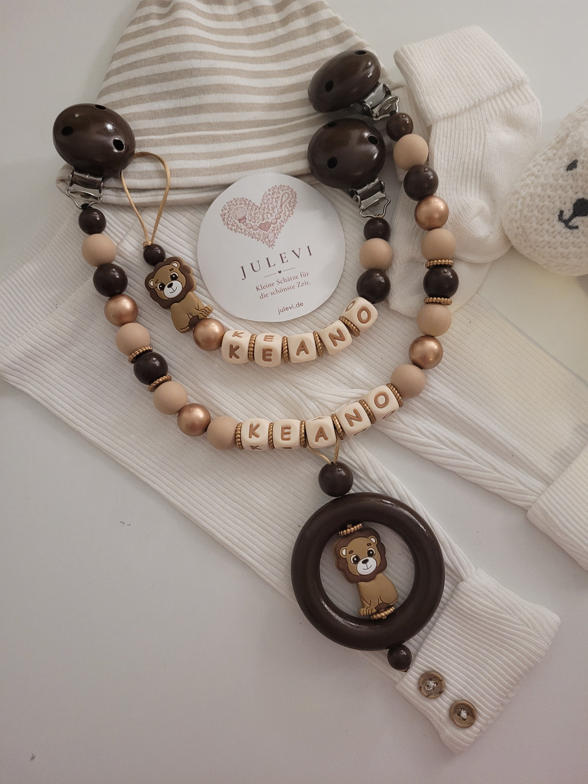 Kinderwagenkette & Schnullerkette Set mit Namen Löwe gold braun | personalisiert